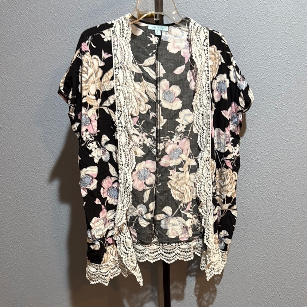 Floral Lace Trim Kimono Cardigan